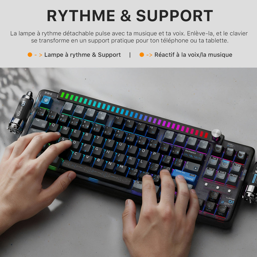 KEYSME Lunar 01 Clavier mécanique 80 % tri-mode, disposition QWERTY US, clavier à montage sur joint avec éclairage rythmé, commutateurs remplaçables à chaud, molette programmable