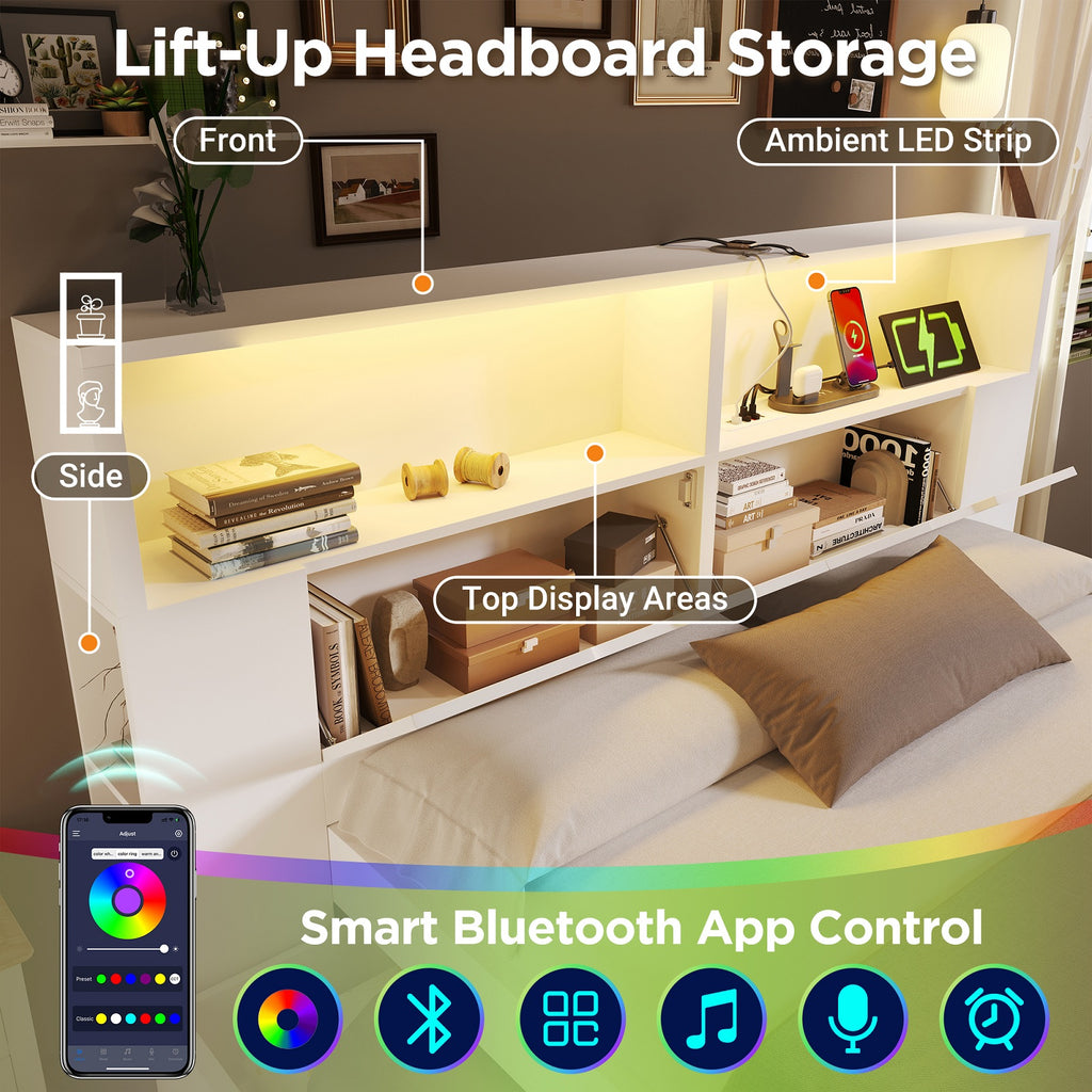 URBAN MEUBLE Lit double 140 x 200 cm blanc avec rangement, éclairage LED, prises USB, tiroirs, banc, étagères, sommier à lattes pour chambre d'adolescent