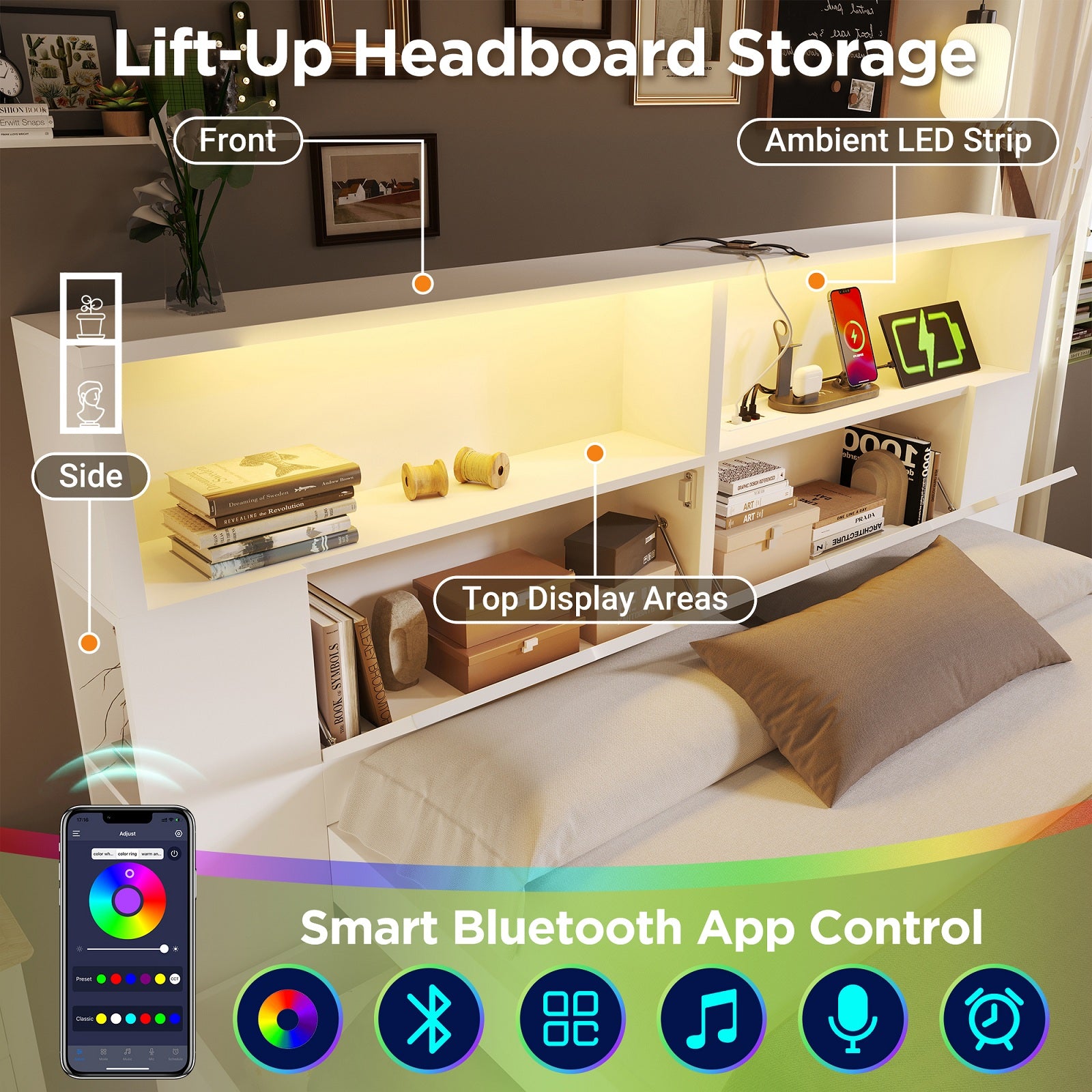 URBAN MEUBLE Lit double 140 x 200 cm blanc avec rangement, éclairage LED, prises USB, tiroirs, banc, étagères, sommier à lattes pour chambre d'adolescent