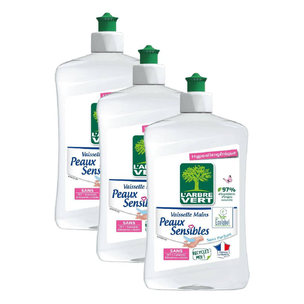 L'Arbre Vert Liquide Vaisselle Hypoallergénique, Peaux Sensibles, Sans Parfum, 3 x 500 ml (= 1,5 L)