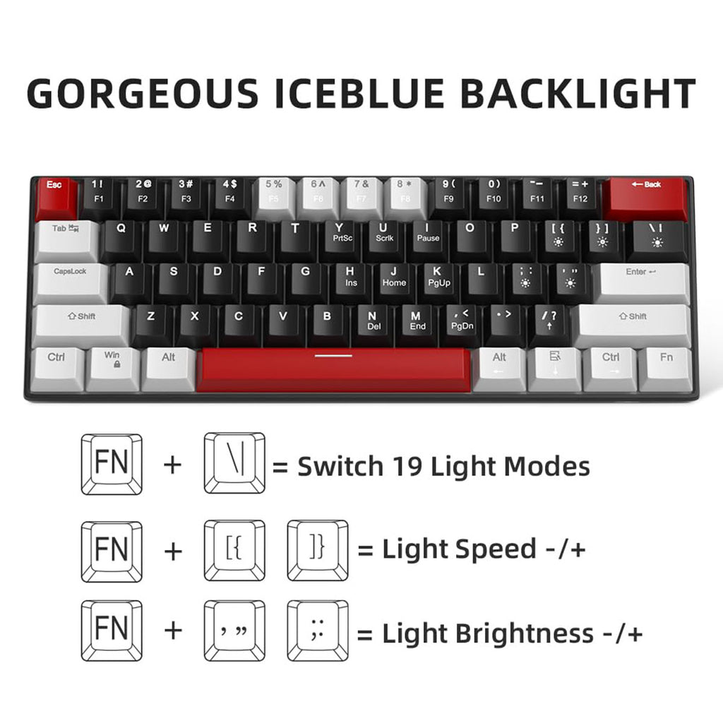 MageGee STAR 61 Clavier gaming filaire 60 % QWERTY US, clavier compact filaire à rétroéclairage LED bleu avec câble USB Type-C détachable