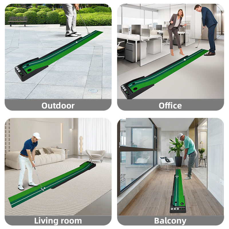 Green de putting d'intérieur, tapis de putting de golf avec retour automatique de balle, surface en velours cristal de qualité supérieure, tapis d'entraînement au putting
