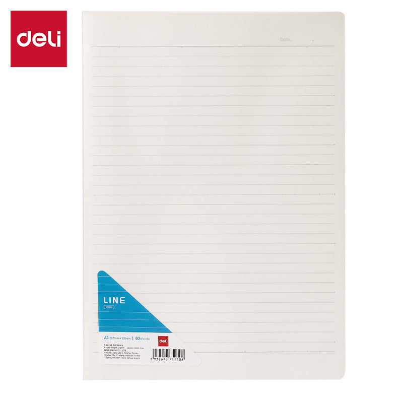 Deli Cahier à spirale A4 avec couverture en polypropylène : 60 pages de papier 70 g/m², réglure 8 lignes - Parfait pour l’école et le travail, lot de 4