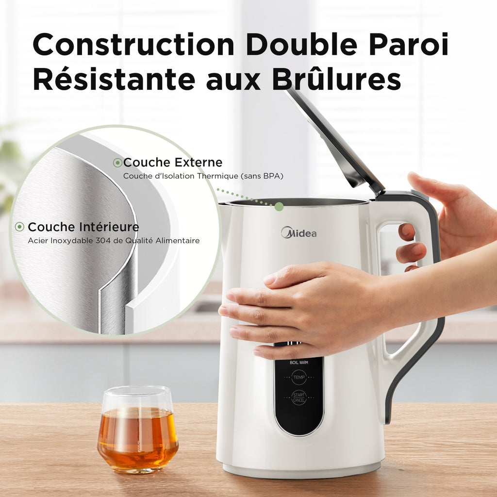 Midea Bouilloire 1,5 L en acier inoxydable, réglage de température variable 45-100 °C, 2200 W, double paroi, affichage numérique de la température, sans BPA et protections multiples