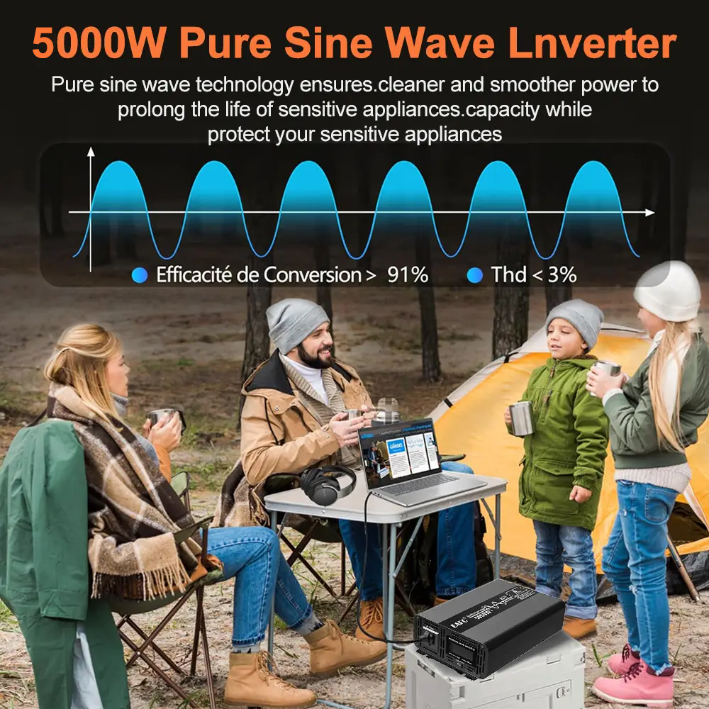 EAFC Convertisseur de puissance amorphe 5000 W à onde sinusoïdale pure (pic 5000 W / puissance nominale 2500 W) – Convertisseur de voiture 12 V CC vers 220 V CA avec prise universelle