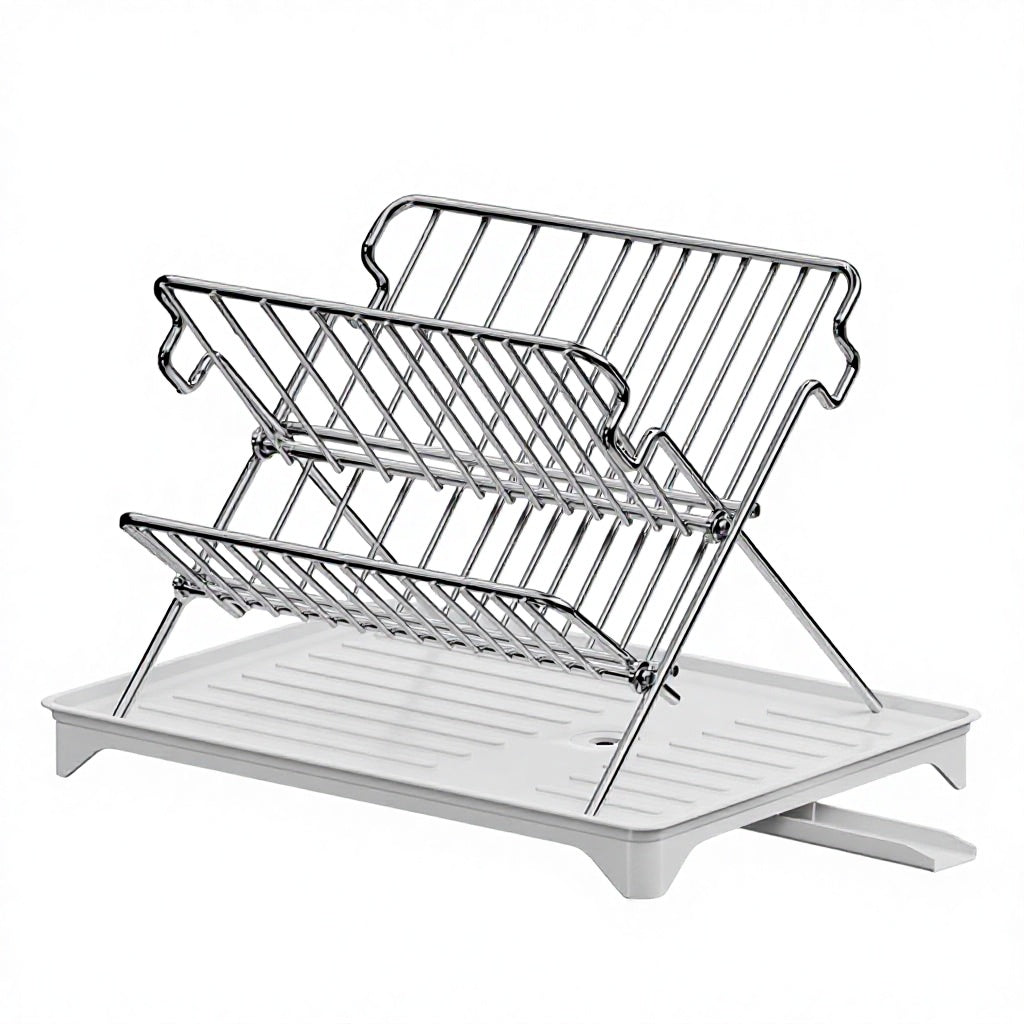 Maxcook Égouttoir à Vaisselle Pliable en Acier Inoxydable à 2 Niveaux avec Bac d'Égouttement Amovible, Égouttoir à Vaisselle Pliable Gain de Place pour Plan de Travail de Cuisine, Organisateur Support pour Assiettes Bols Tasses