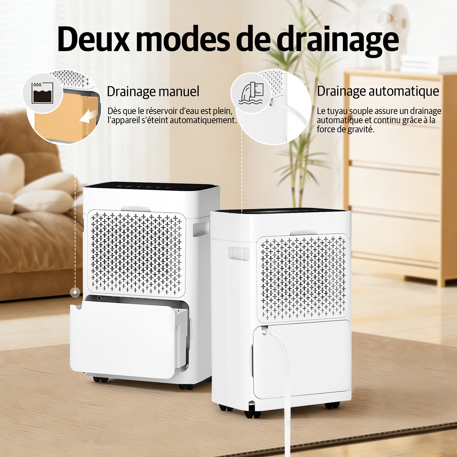 TRULIVA Déshumidificateur 25 L/jour avec séchage du linge, dégivrage automatique, R290, réservoir de 2,8 L et tuyau d’évacuation en continu, pour la maison, les sous-sols