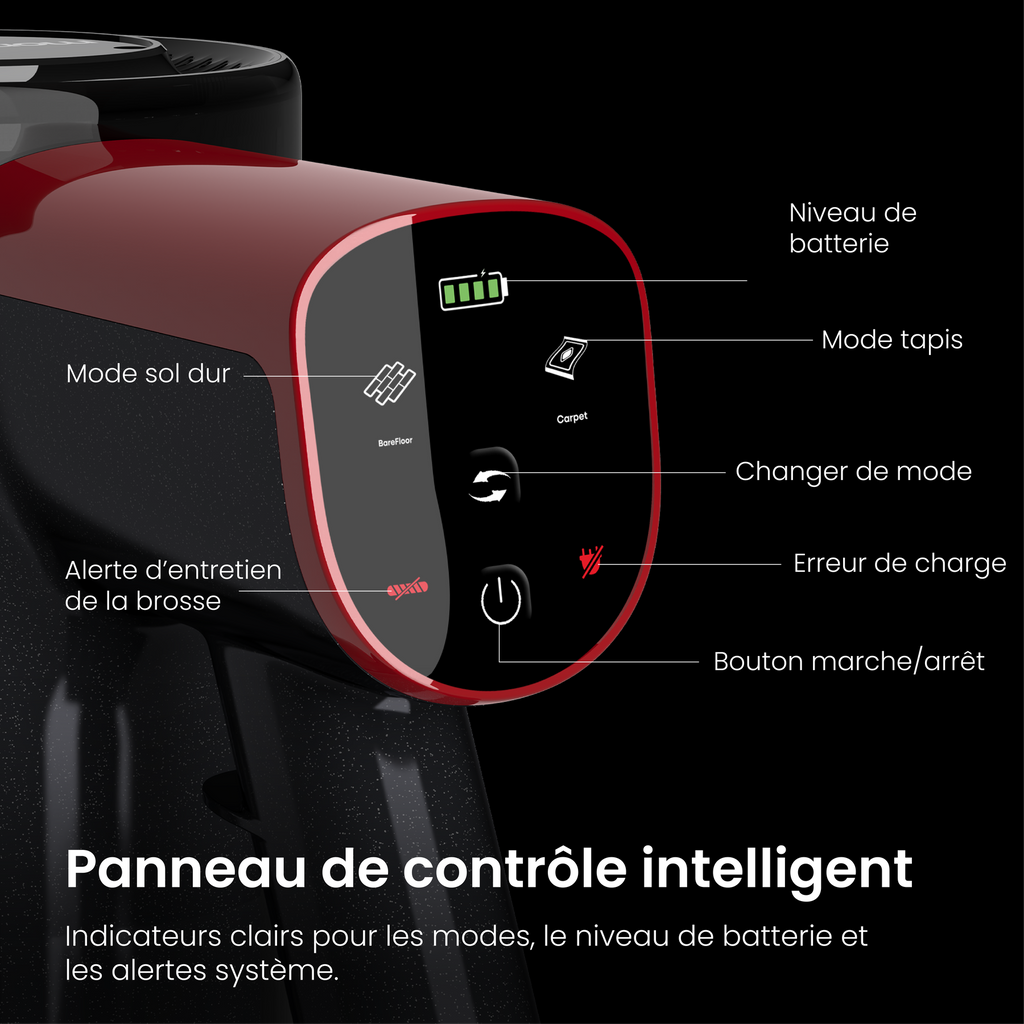 MonsgaClean M100 Aspirateur sans fil rouge, 55000 Pa, 45 min, écran tactile, lumière verte pour révéler la poussière, anti-emmêlement, tient debout tout seul, rechargeable