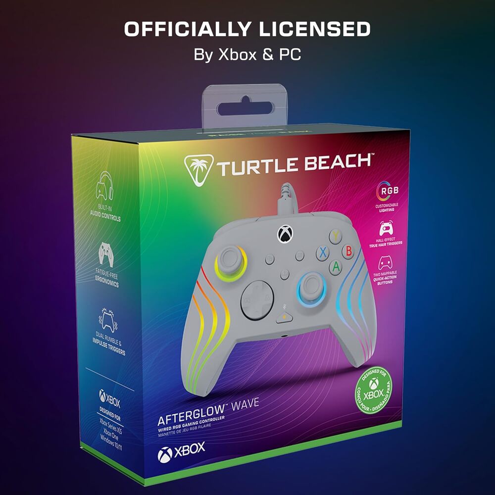Turtle Beach Afterglow Wave Manette filaire Câble USB Éclairage RVB - Gâchettes à effet Hall & Boutons programmables - Xbox Series X|S, PC (Licence officielle Microsoft) - Gris