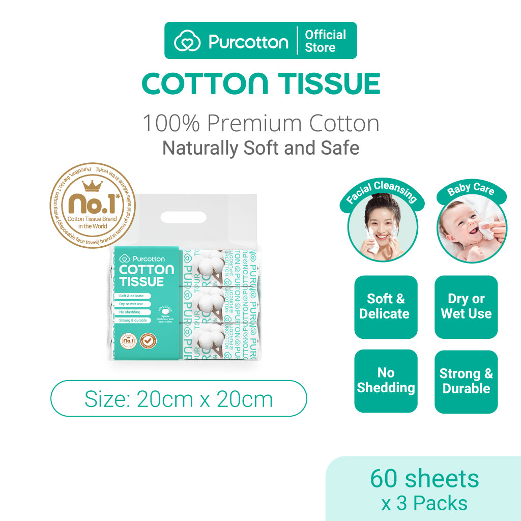 Purcotton Serviettes faciales en coton, 180 feuilles, 3 paquets de 60, épaisses, douces, non pelucheuses et résistantes