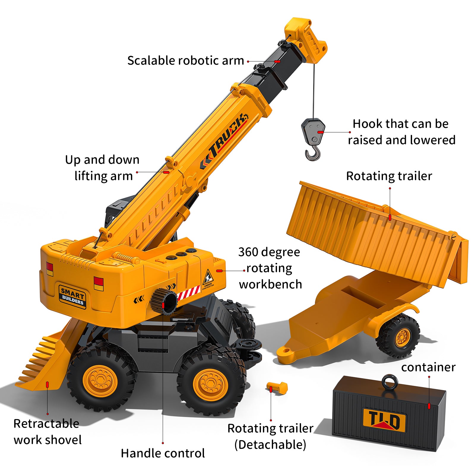 Jouet de camion grue de construction pour tout-petits, véhicule d'ingénierie 5 en 1 avec bras extensible, crochet de levage, remorque basculante et pelleteuse