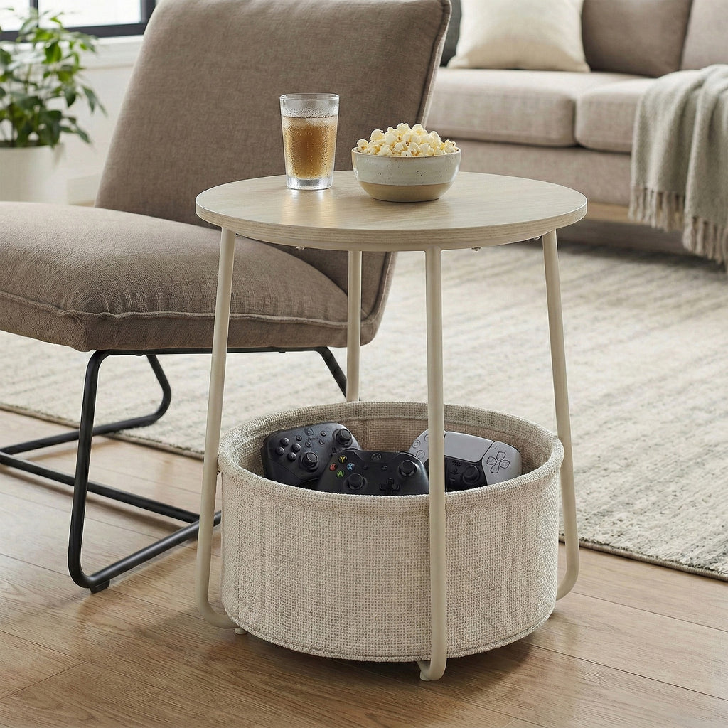 JOYFURNOS x Songmics Table d’appoint ronde 45 x 50 cm avec panier en tissu, pieds en acier, Beige naturel