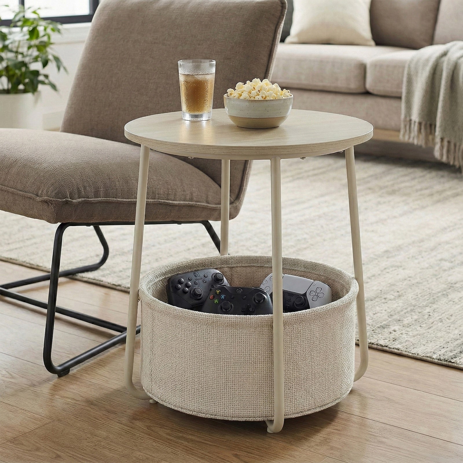 JOYFURNOS x Songmics Table d’appoint ronde 45 x 50 cm avec panier en tissu, pieds en acier, Beige naturel