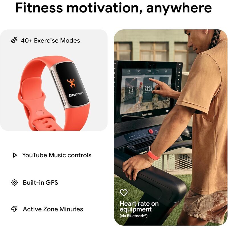 Google Fitbit Charge 6 Tracker d'Activité Inclus un Abonnement Premium de 6 Mois, Autonomie de 7 Jours, Google Wallet et Maps Corail / Or Champagne