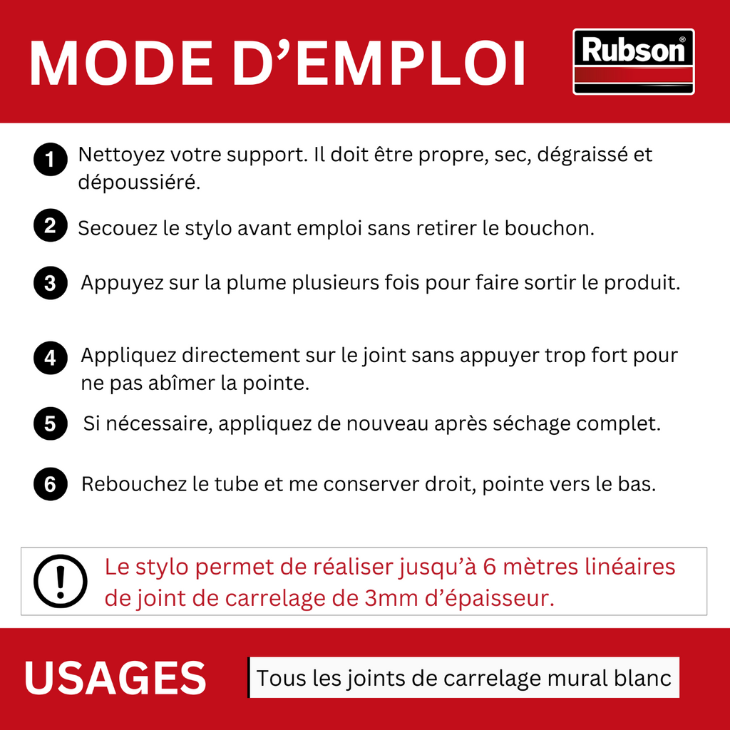 Rubson | Blanchisseur Joint de Carrelage (feutre de 7 ml) – Stylo blanchissant facile à appliquer pour joints de carrelage – Blancheur et protection longue durée