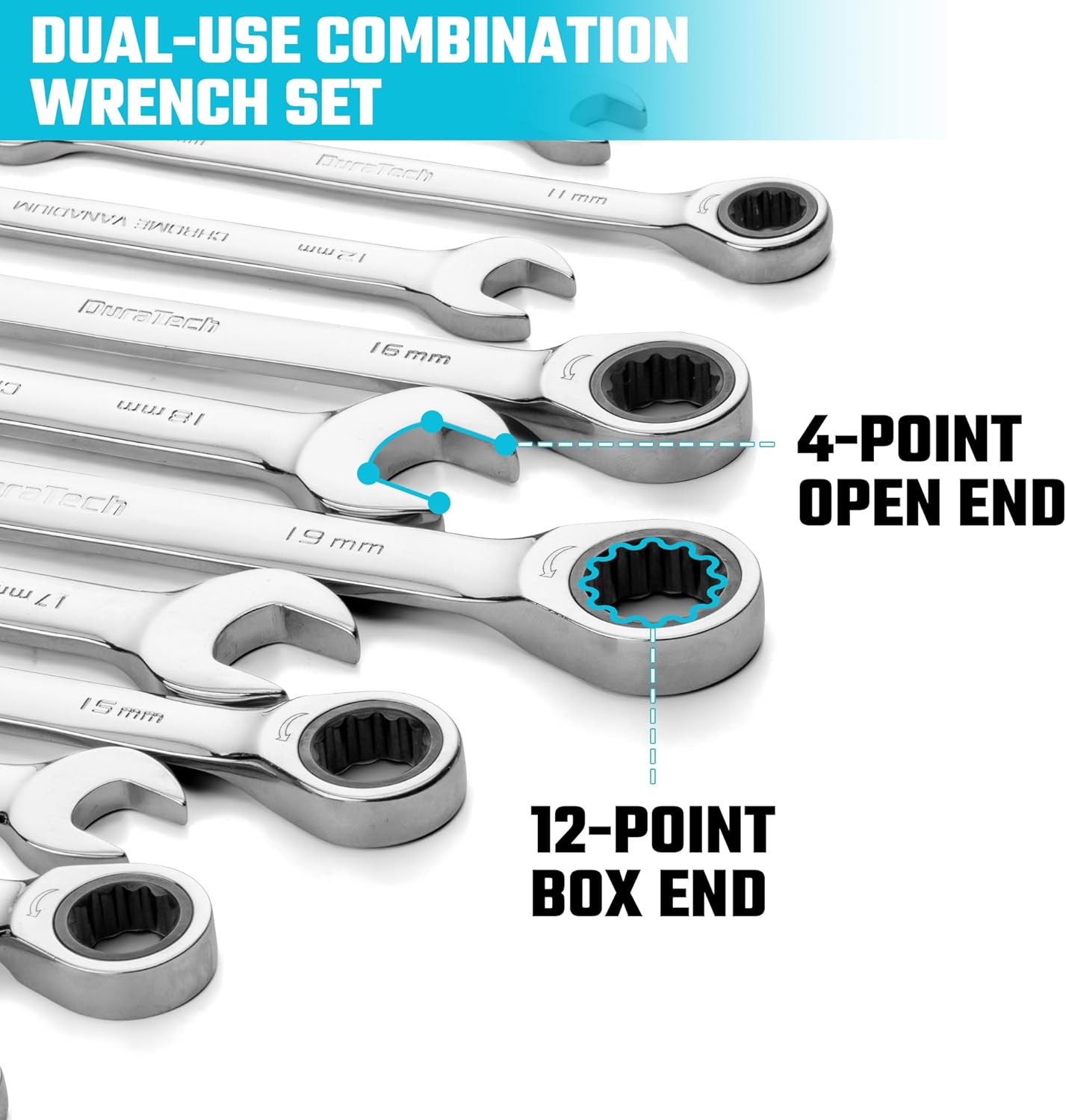 DURATECH Jeu de 12 clés mixtes à cliquet 8-19 mm, Jeu de clés mixtes à cliquet à bout ouvert à tête fixe, Métrique, Acier Cr-V, Organisé dans un étui de rangement