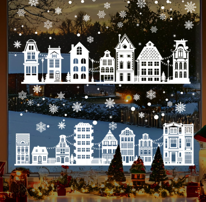 JU7CER 9 autocollants de décoration de fenêtre de Noël double face, autocollants de neige électrostatiques en PVC réutilisables, motif de maison de neige blanc