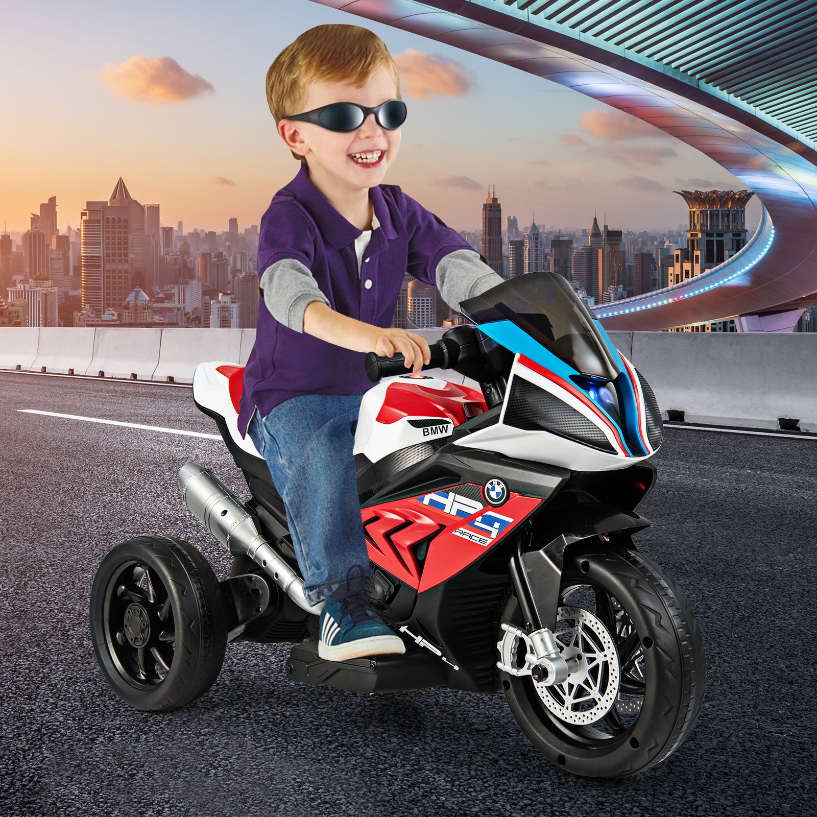 Moto électrique 6 V avec musique et phare avant, moto tricycle, dimensions 82,5 × 42 × 54 cm, rouge