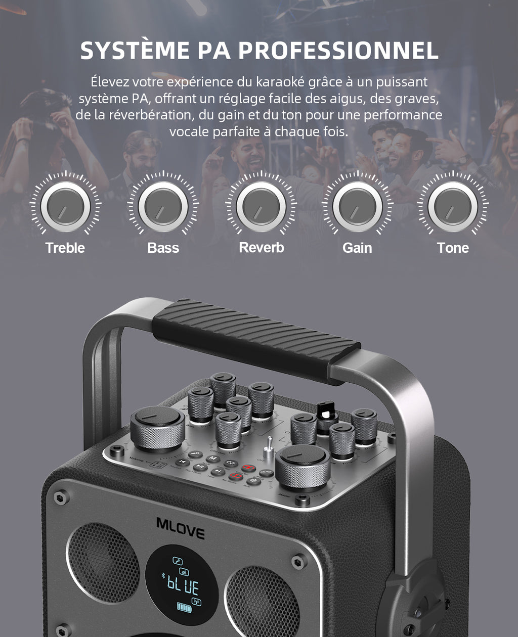 mlove Rangers D5 Machine à karaoké professionnelle 200 W avec 2 microphones sans fil, Bluetooth, Noir