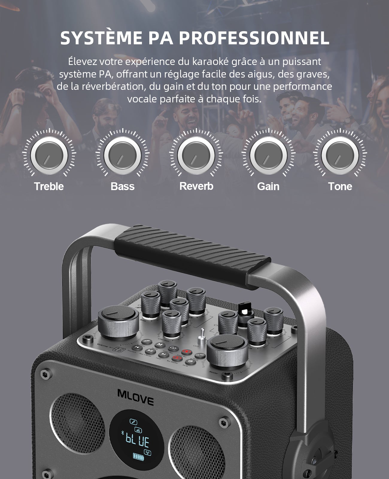 mlove Rangers D5 Machine à karaoké professionnelle 200 W avec 2 microphones sans fil, Bluetooth, Noir