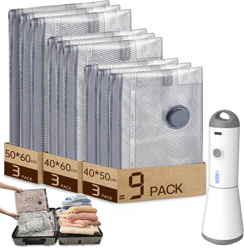 HOMOH Sacs sous vide pour vêtements avec pompe sous vide sans fil, lot de 9 (3 x 40 x 50 cm, 3 x 40 x 60 cm, 3 x 50 x 60 cm), réutilisables, idéaux pour le voyage et le rangement quotidien