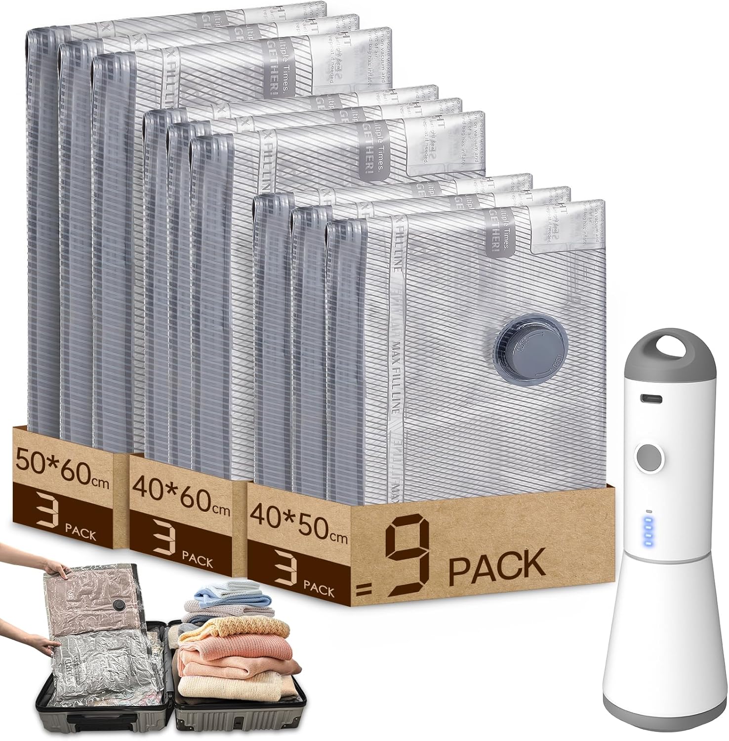 HOMOH Sacs sous vide pour vêtements avec pompe sous vide sans fil, lot de 9 (3 x 40 x 50 cm, 3 x 40 x 60 cm, 3 x 50 x 60 cm), réutilisables, idéaux pour le voyage et le rangement quotidien