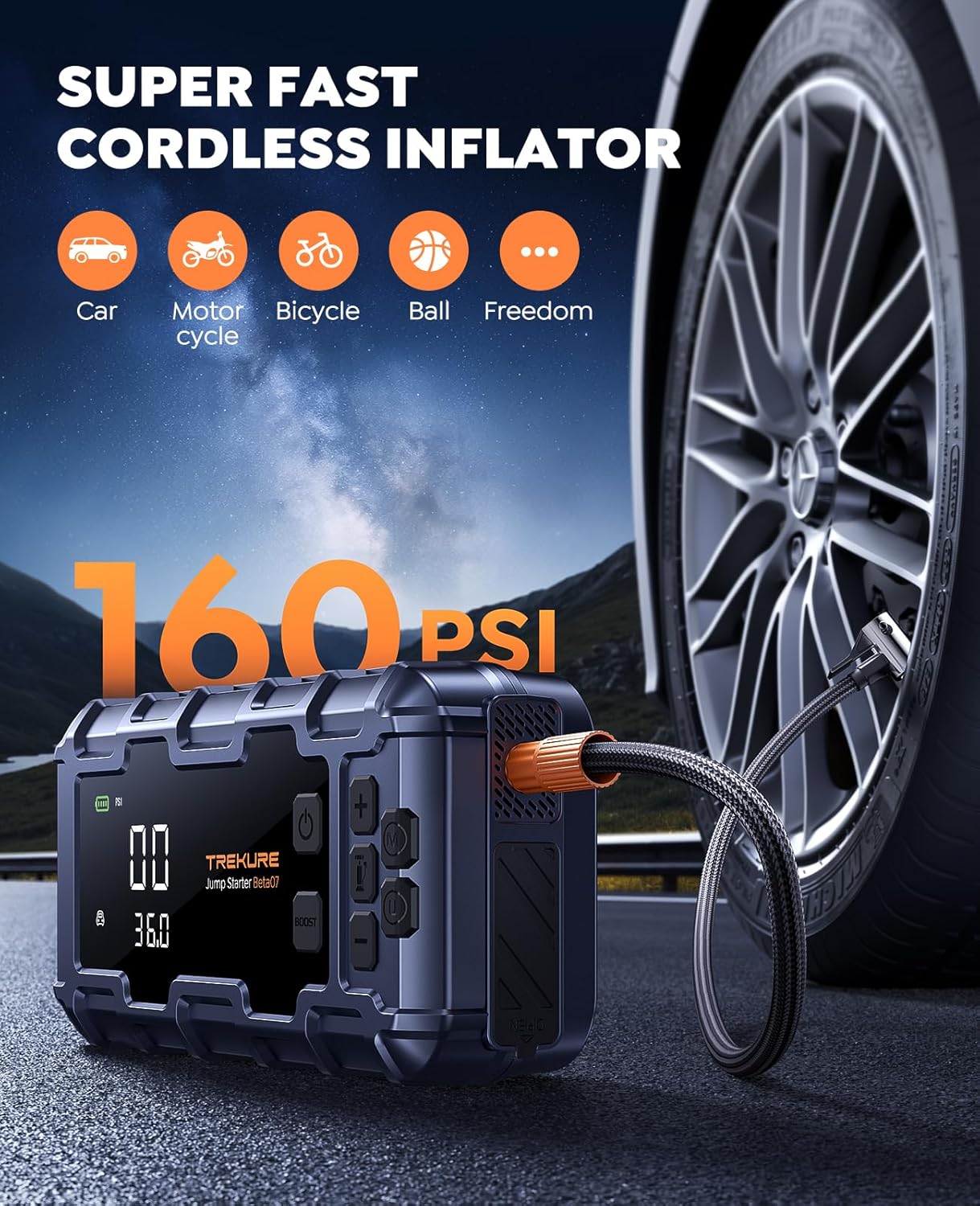TREKURE Beta07 Démarreur de secours pour voiture 6000 A avec compresseur d’air 160 PSI, booster de batterie portable 12 V avec charge rapide PD 45 W, écran intelligent 3,3 po