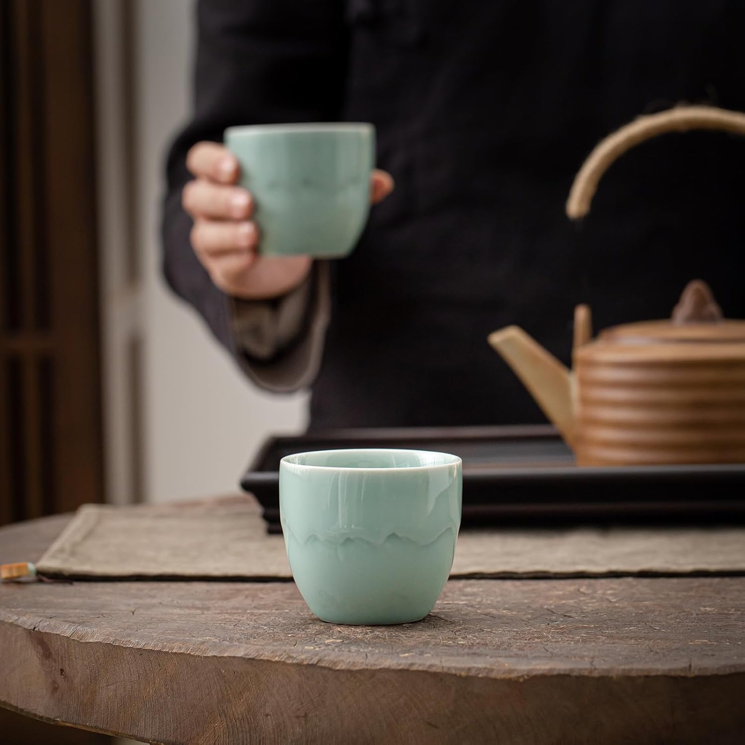 TEANAGOO Tasses à Thé Japonaises, 6.3 oz/180ml, Céladon Bleu, 4 Pièces/Boîte, Sans Anse, Céramique, Pour Thé Japonais et Asiatique, Soldes du Nouvel An, Idées Cadeaux Incontournables