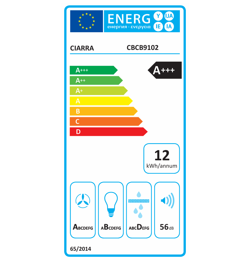 CIARRA Hotte aspirante à recyclage 90 cm, Wi-Fi et commande tactile par application, 650 m³/h, murale, 4 vitesses avec booster, noire, filtres en aluminium, classe énergétique A+++