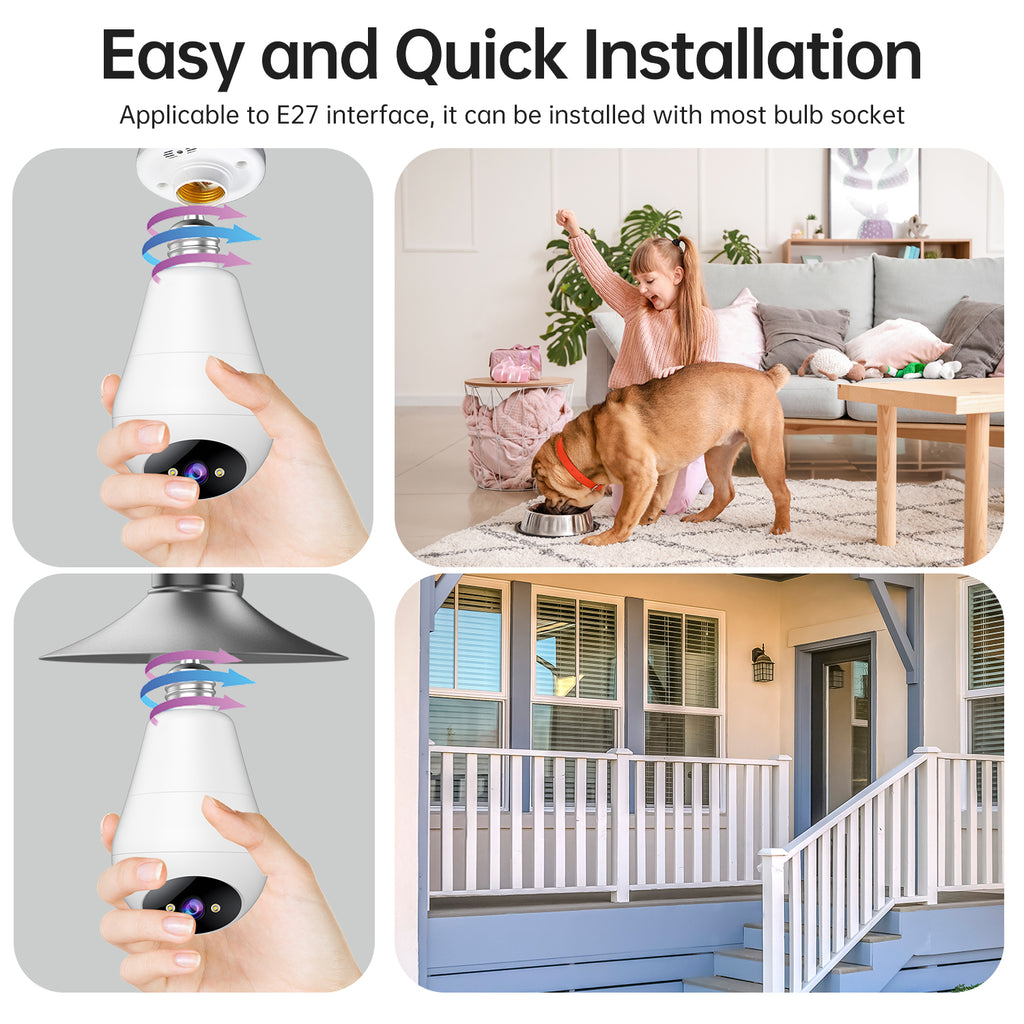 JOOAN E27 Caméra de surveillance Ampoule, sans fil, Intérieur/Extérieur, Pan/Tilt 360°, Vision nocturne couleur, Lampe LED et projecteur, Wi-Fi 2,4 GHz