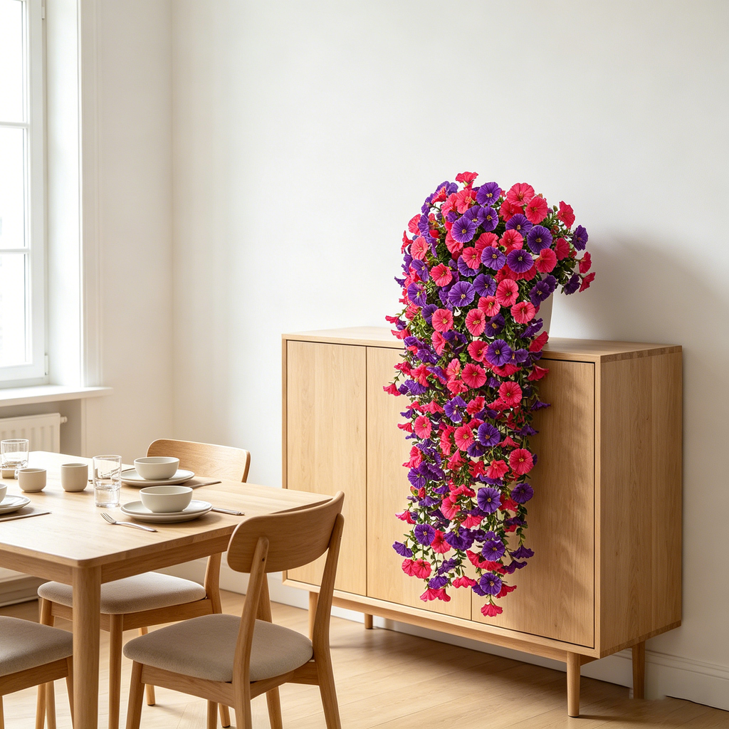 Yuejia 4 pièces 30 po/76 cm Fleurs artificielles pour extérieur, Fleurs suspendues artificielles pour extérieur Fleurs suspendues réalistes Fleurs de pétunia artificielles en soie pour