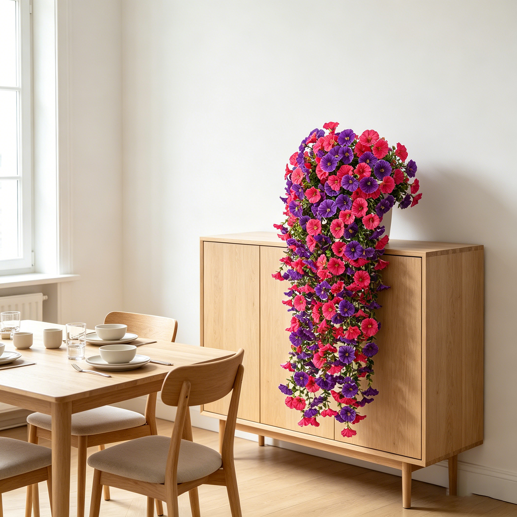 Yuejia 4 pièces 30 po/76 cm Fleurs artificielles pour extérieur, Fleurs suspendues artificielles pour extérieur Fleurs suspendues réalistes Fleurs de pétunia artificielles en soie pour