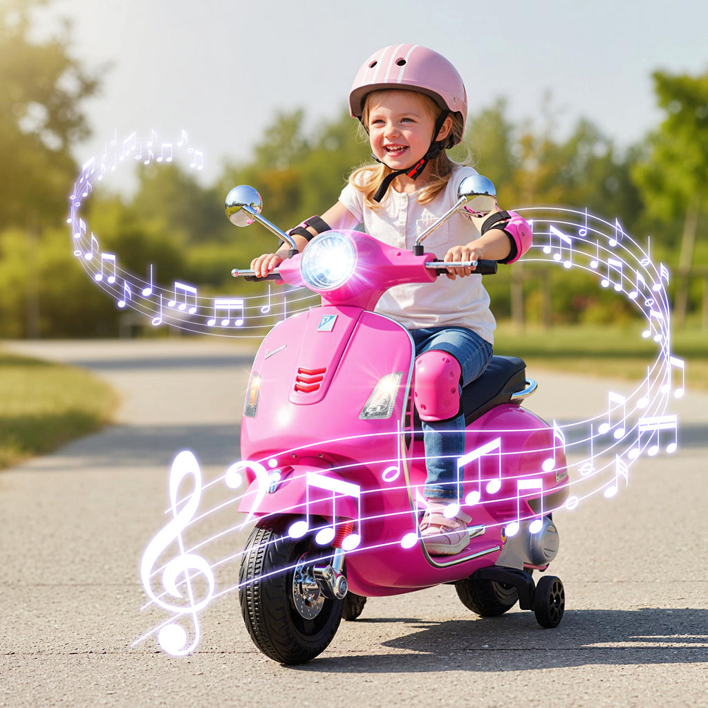 Costway Scooter électrique pour enfants Vespa sous licence 12 V, Scooter motorisé 4 roues avec musique, klaxon, histoires et roues stabilisatrices, 3-6 ans, Rose