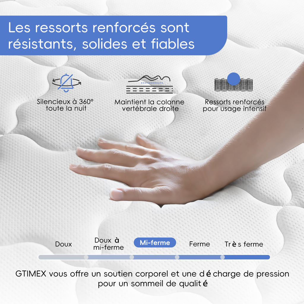 GTIMEX Matelas à ressorts ensachés 140 x 200 cm 7 zones hauteur 22 cm fermeté élevée H3 avec drap-housse