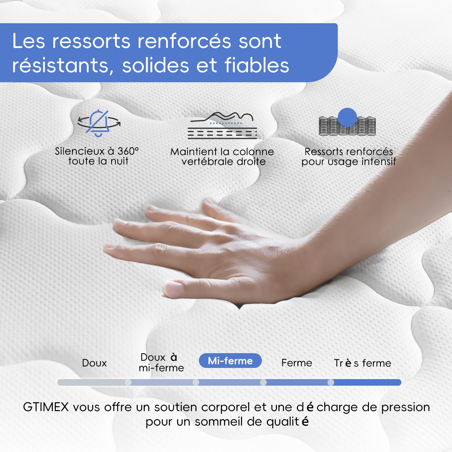 GTIMEX Matelas à ressorts ensachés 140 x 200 cm 7 zones hauteur 22 cm fermeté élevée H3 avec drap-housse