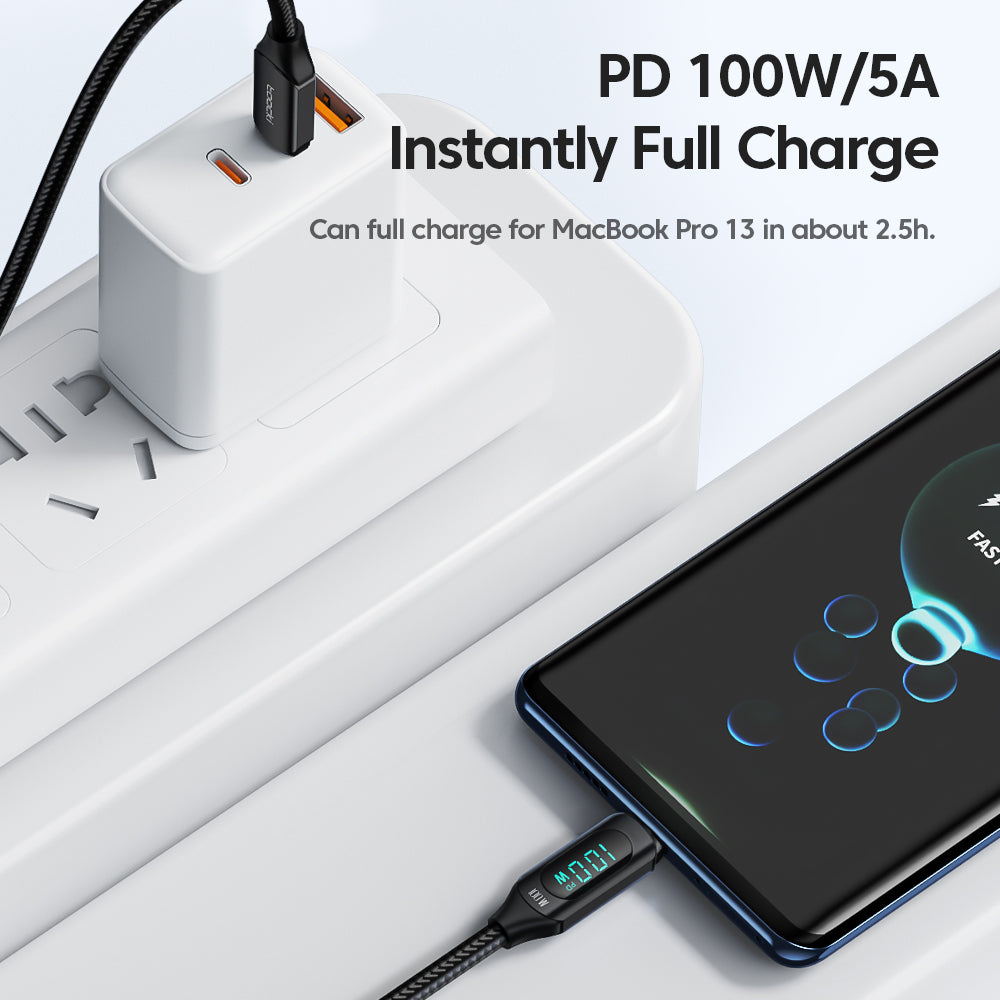 Toocki Câble USB-C 1 m 100 W charge rapide avec affichage LED compatible avec iPhone 17, 16, 15 Pro Plus, Pro Max Air, iPad Pro, Samsung Galaxy S24, S23, Switch, MacBook Air, Pixel