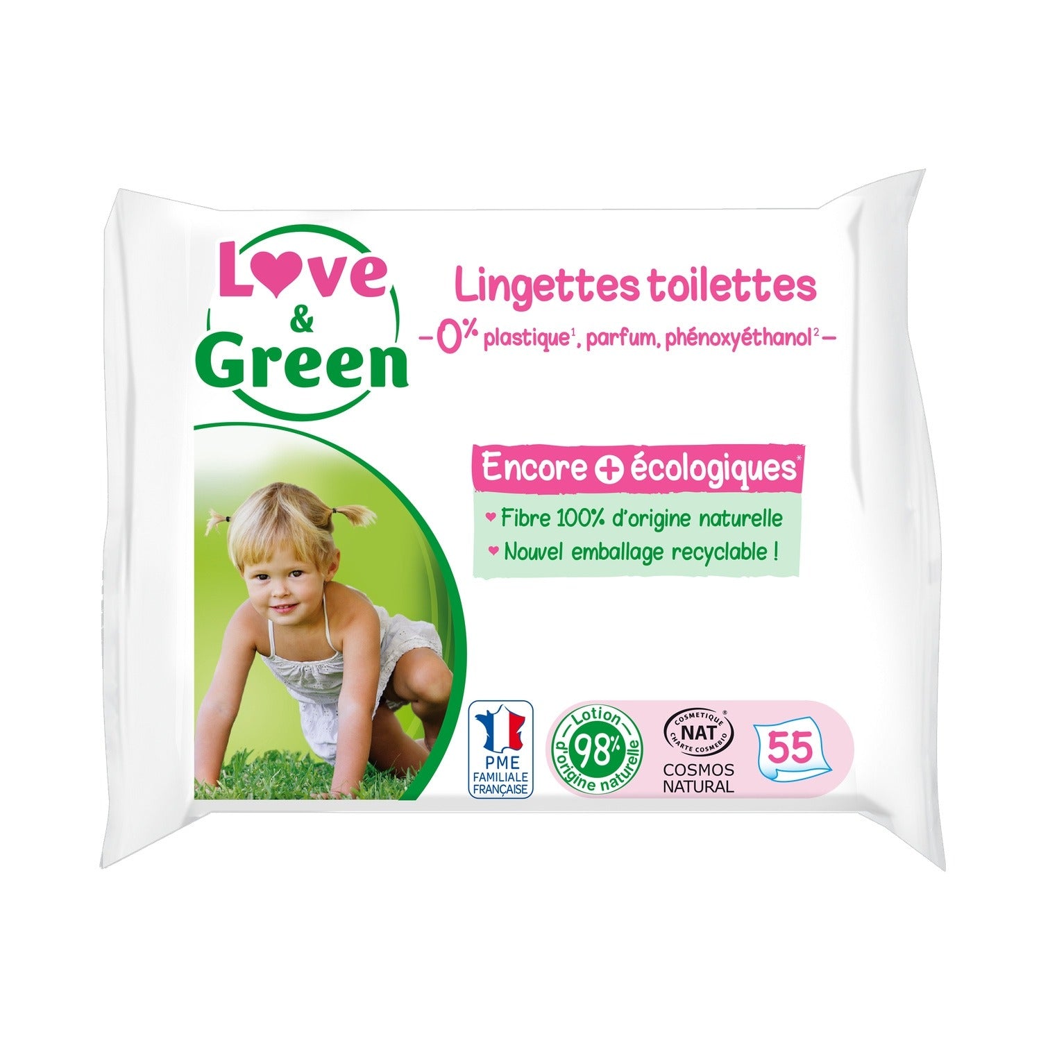 LOVE & GREEN Lingettes toilettes écologiques - fibres 100% d'origine naturelle - 55 lingettes
