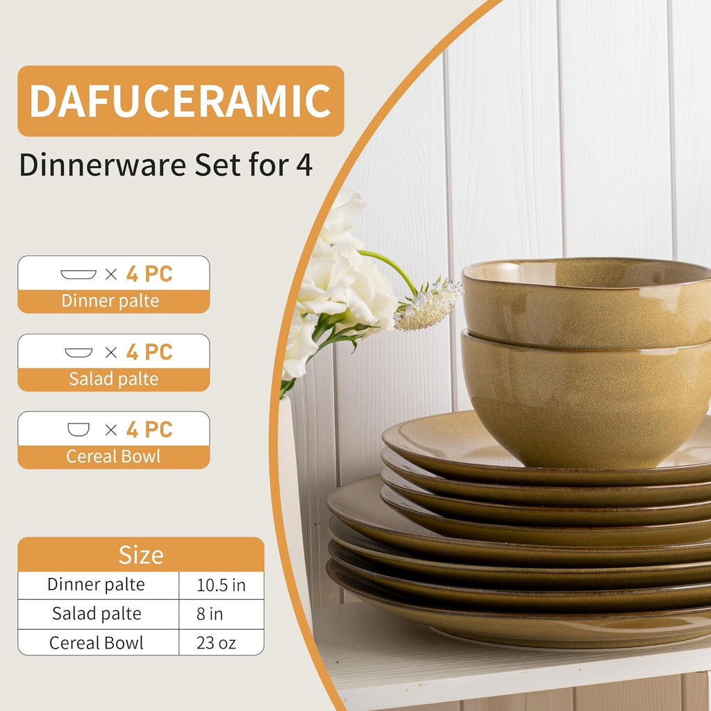Dafuceramic Ensemble assiettes et bols, 12 pièces en grès moderne pour 4 personnes, assaisonnage et dînette en céramique, compatible micro-ondes et lave-vaisselle (jaune maïs)