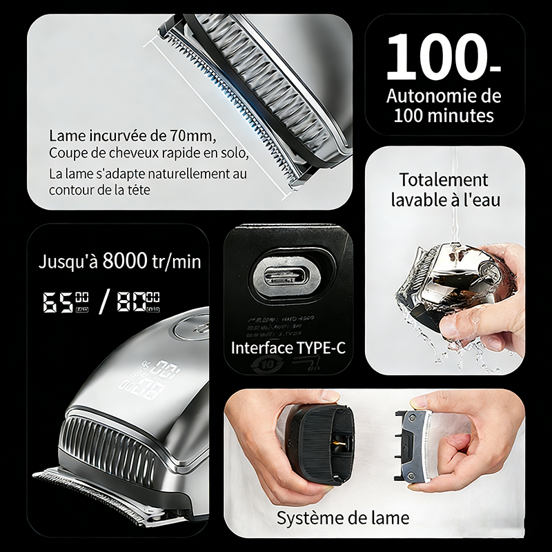 Komingdon Tondeuse à cheveux sans fil rechargeable Homme Coupe précise Nettoyage facile Longue autonomie Argent