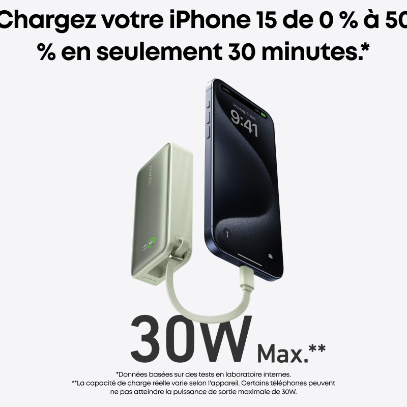 Anker Nano Batterie externe 10 000 mAh avec câble USB-C intégré, Puissance maximale PD 30 W, 1 port USB-C et 1 port USB-A, Compatible iPhone 16 Pro Max/15/14/13/12, MacBook, Galaxy, iPad, AirPods