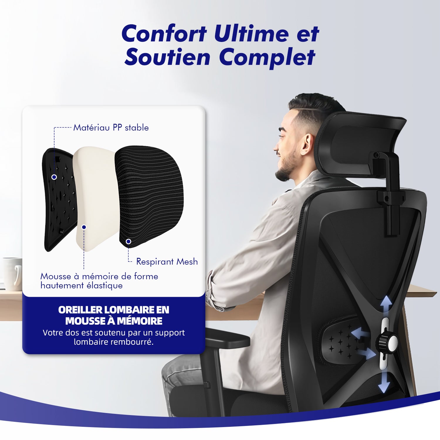 GTIMEX Chaise de bureau ergonomique, chaise de bureau, chaise de bureau avec accoudoirs réglables, soutien lombaire souple en éponge naturelle et appui-tête, chaise de direction