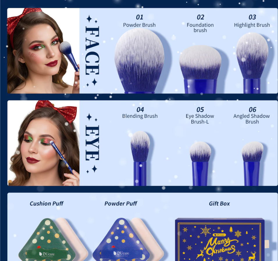 DUcare Set de 6 Pinceaux de Maquillage - Bleu Noël