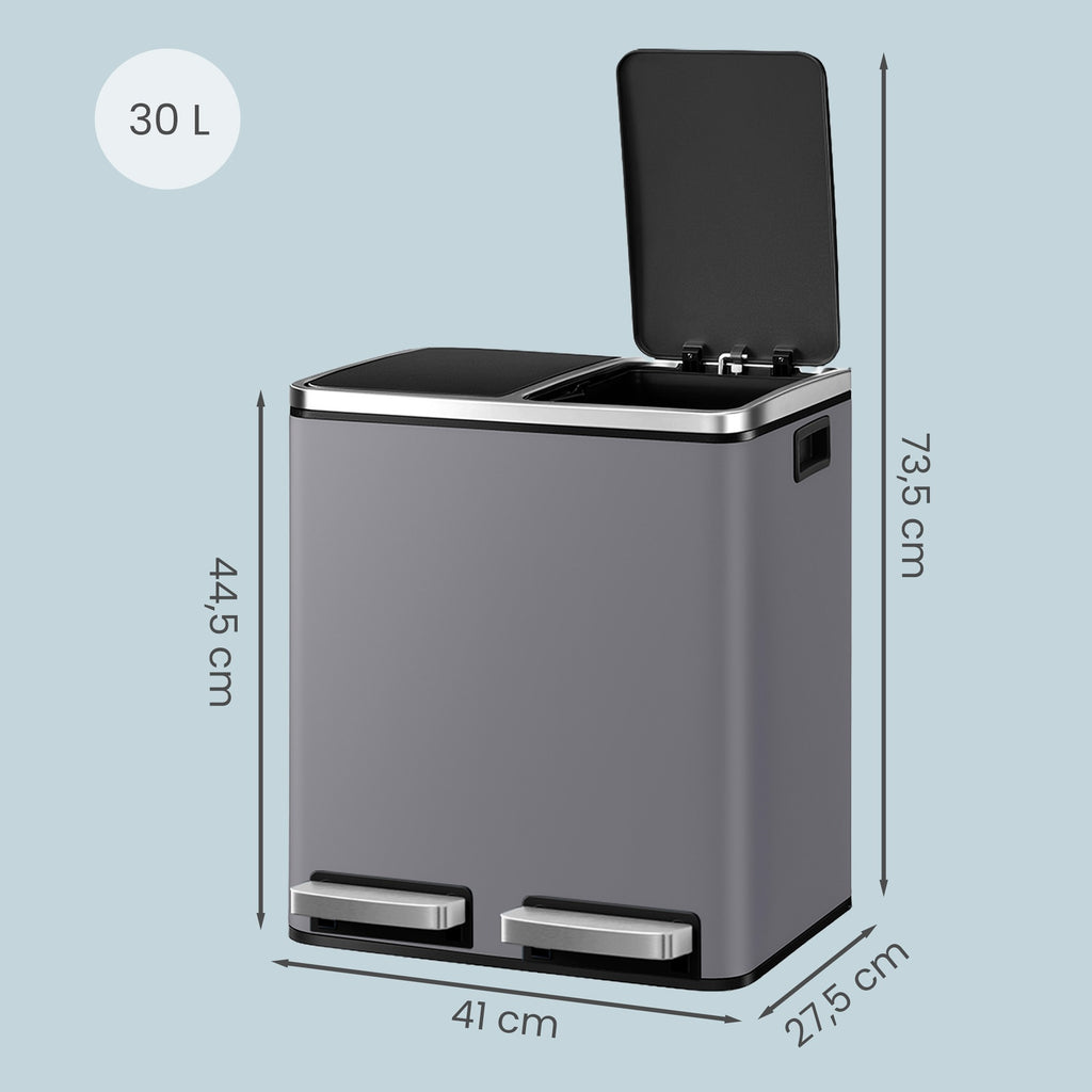 JOYFURNOS Poubelle de tri en acier à double compartiment, à pédale, fermeture douce, gris, avec 15 sacs poubelle