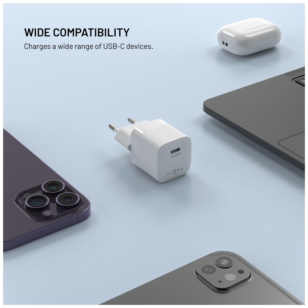 FIXED Chargeur de voyage mini 20 W + câble USB-C vers USB-C, Blanc