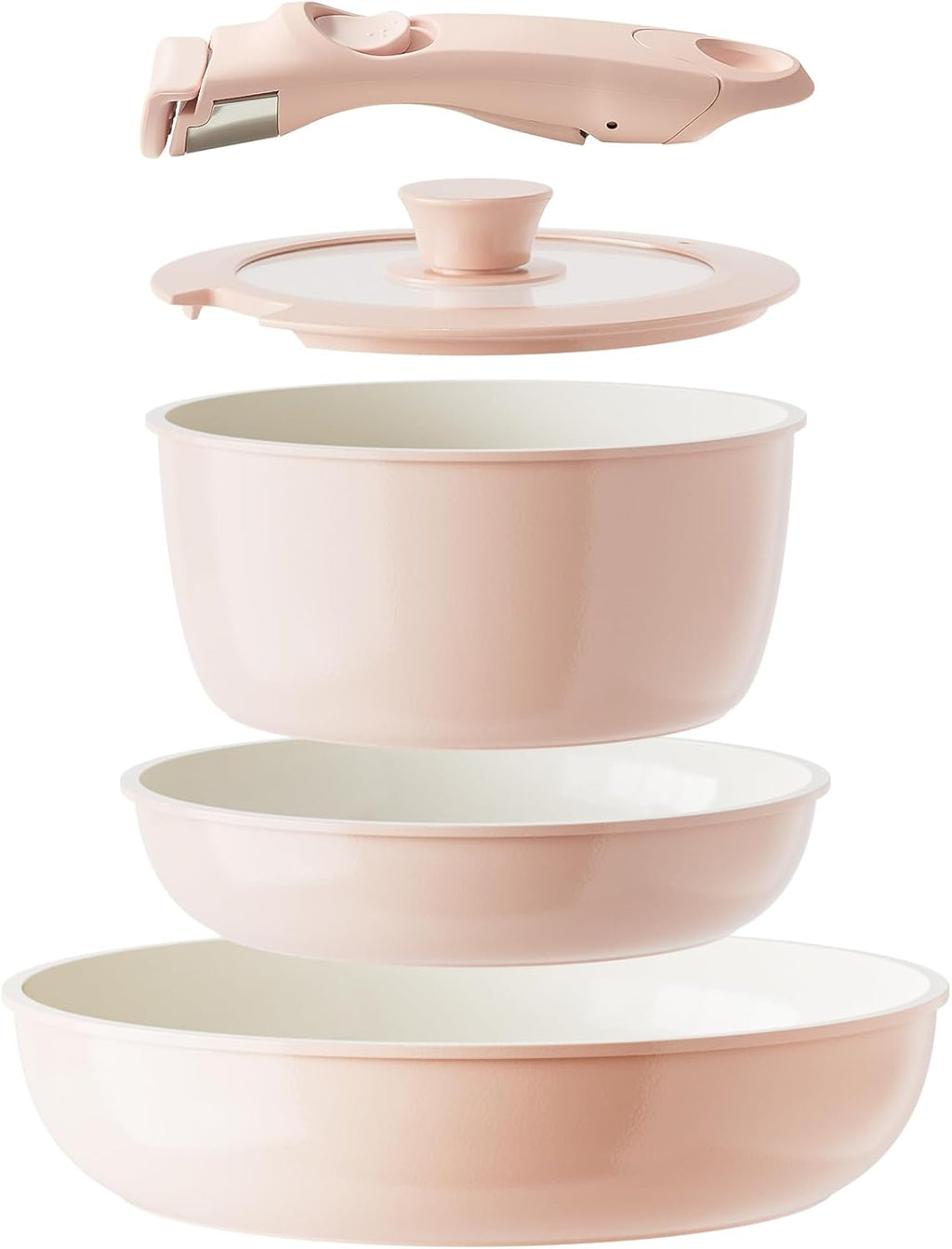 Redchef Set de 5 pièces de cookware en revêtement céramique, avec casseroles de 20 cm, couvercle, poêles de 20 cm/26 cm & poignée amovible, sans PTFE/PFOA/PFAS, compatible lave-vaisselle, extérieur rose & intérieur blanc