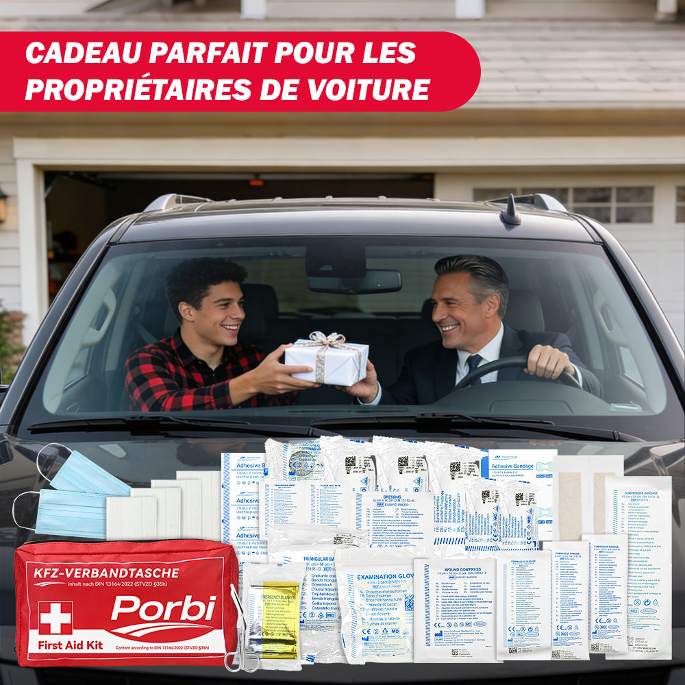 Trousse de premiers secours Porbi pour voiture, conforme à la norme DIN 13164, contient tout le matériel médical d'urgence nécessaire pour véhicules, voyages et accidents de la route, Rouge