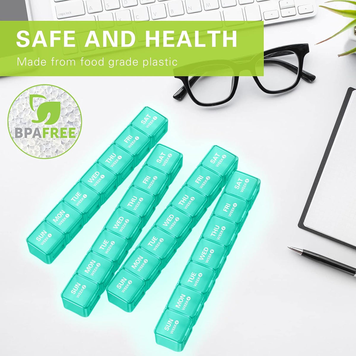 Boîte à médicaments portable 28 jours, boîte de rangement mensuelle pour pilules, grande capacité, pilulier compartimenté 4 semaines avec couvercle anti-poussière