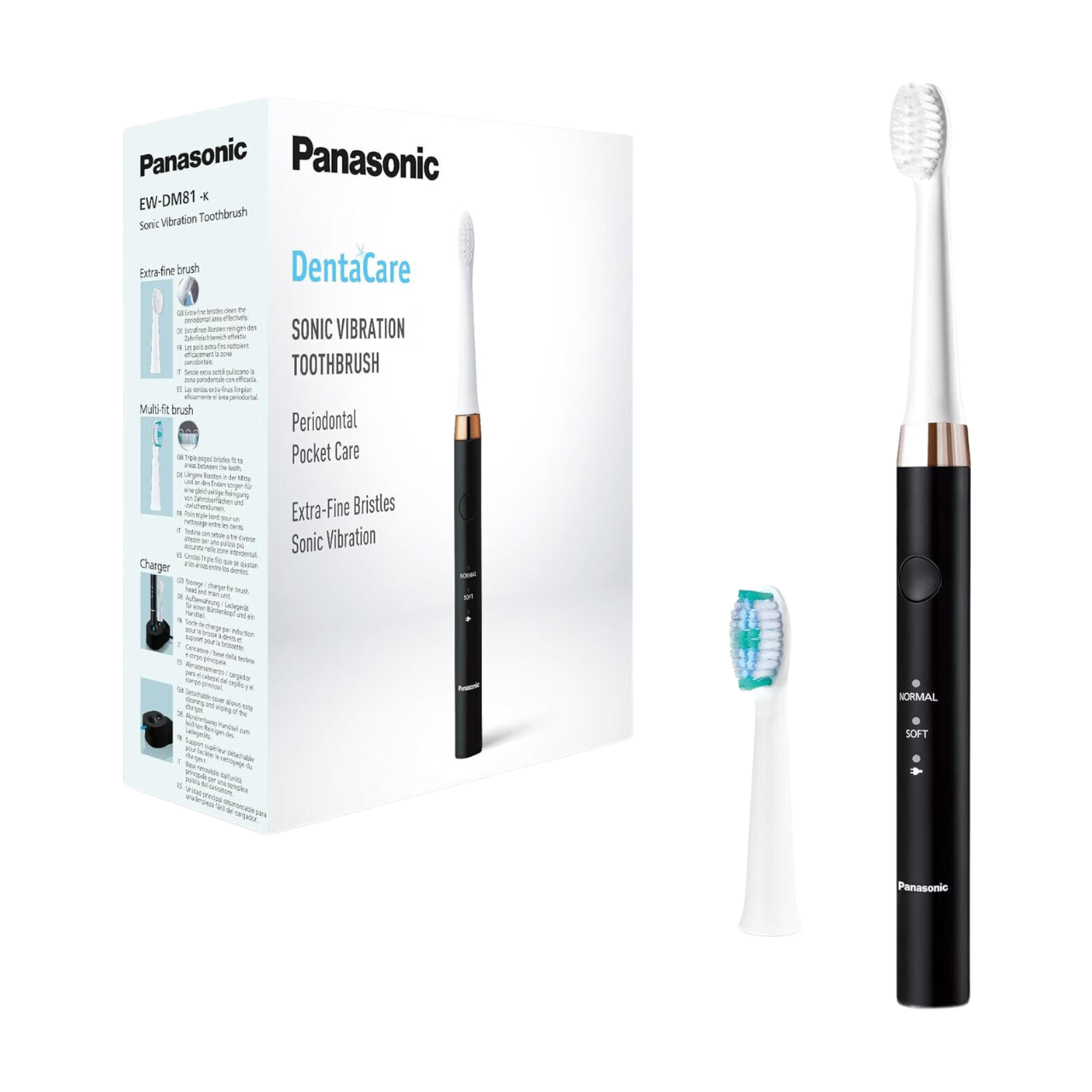 Panasonic Brosse à dents électrique EW-DM81-K503, 2 têtes incluses, minuteur, 2 modes de fonctionnement, design ergonomique, 31 000 mouvements par minute, vibrations soniques, noir