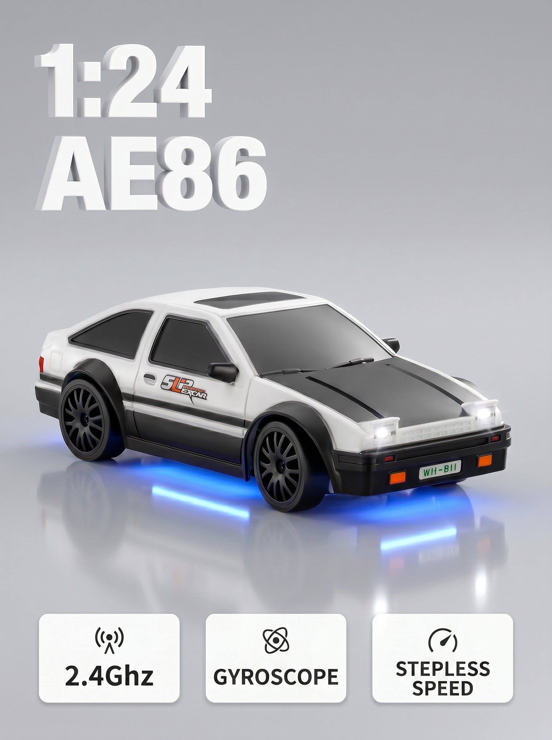 Voiture de Drift RC 4WD Échelle 1:24, Stabilisateur Gyroscopique Réglable, Lumières LED, Pneus Doubles, Blanc