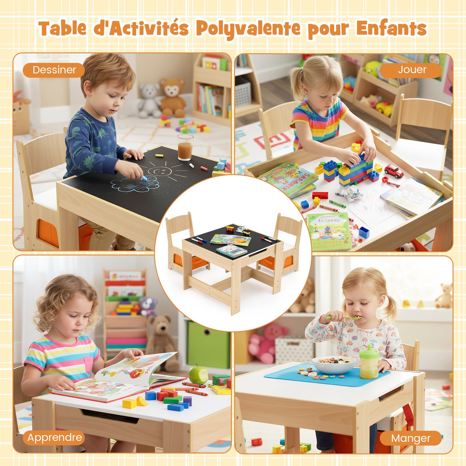 Table d'activités en bois avec 2 sièges et plateau double face amovible - Naturel
